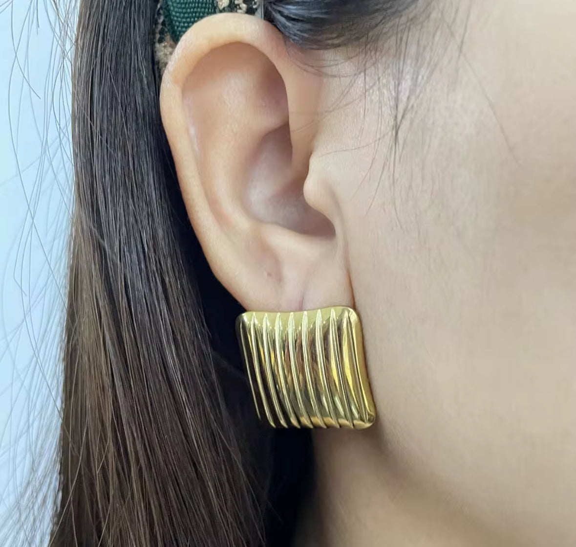 Gold Plated Ribbed Square Stud Earrings for Women | Stainless Steel Statement Earrings | Waterproof & Hypoallergenic