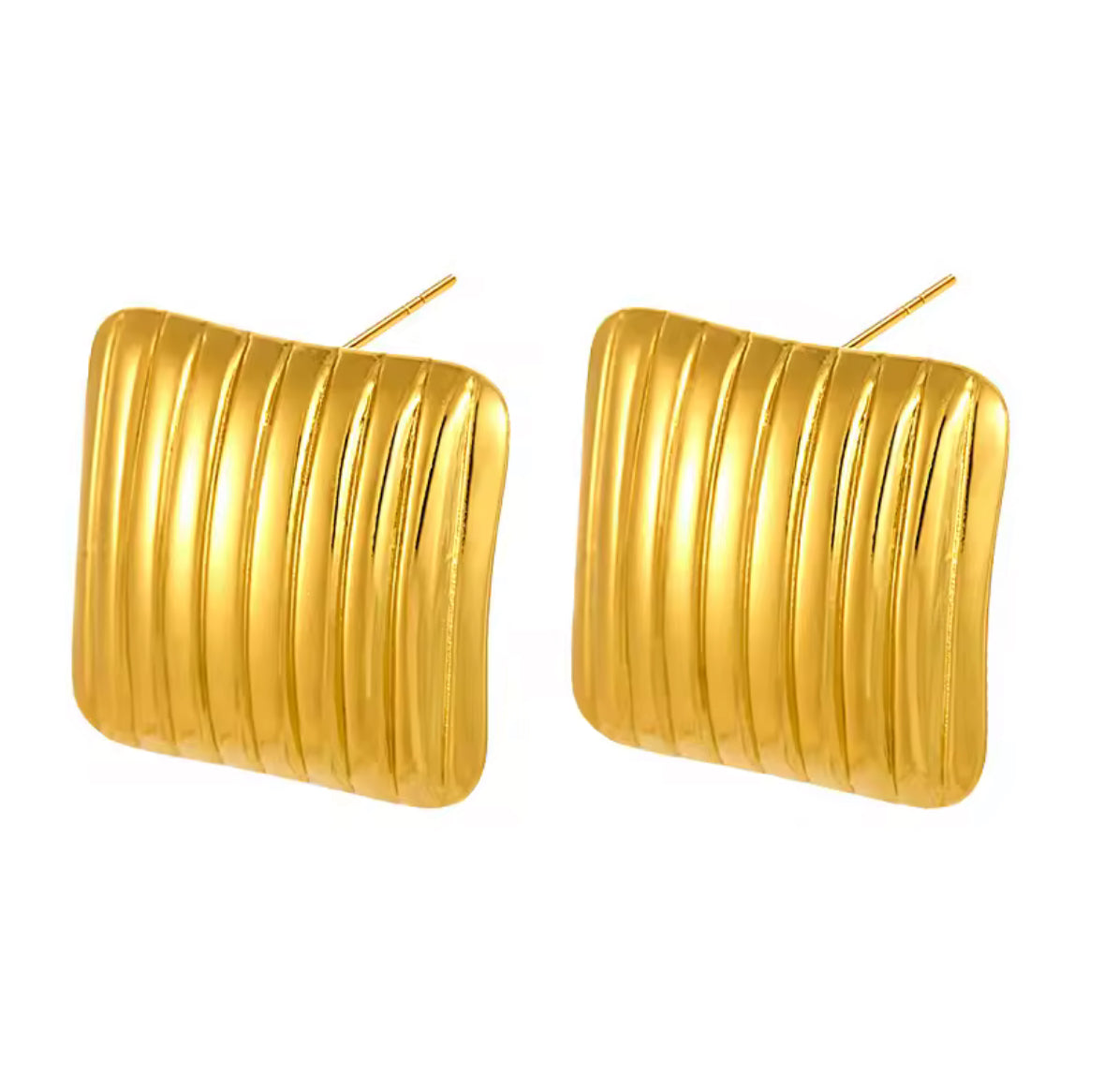 Gold Plated Ribbed Square Stud Earrings for Women | Stainless Steel Statement Earrings | Waterproof & Hypoallergenic