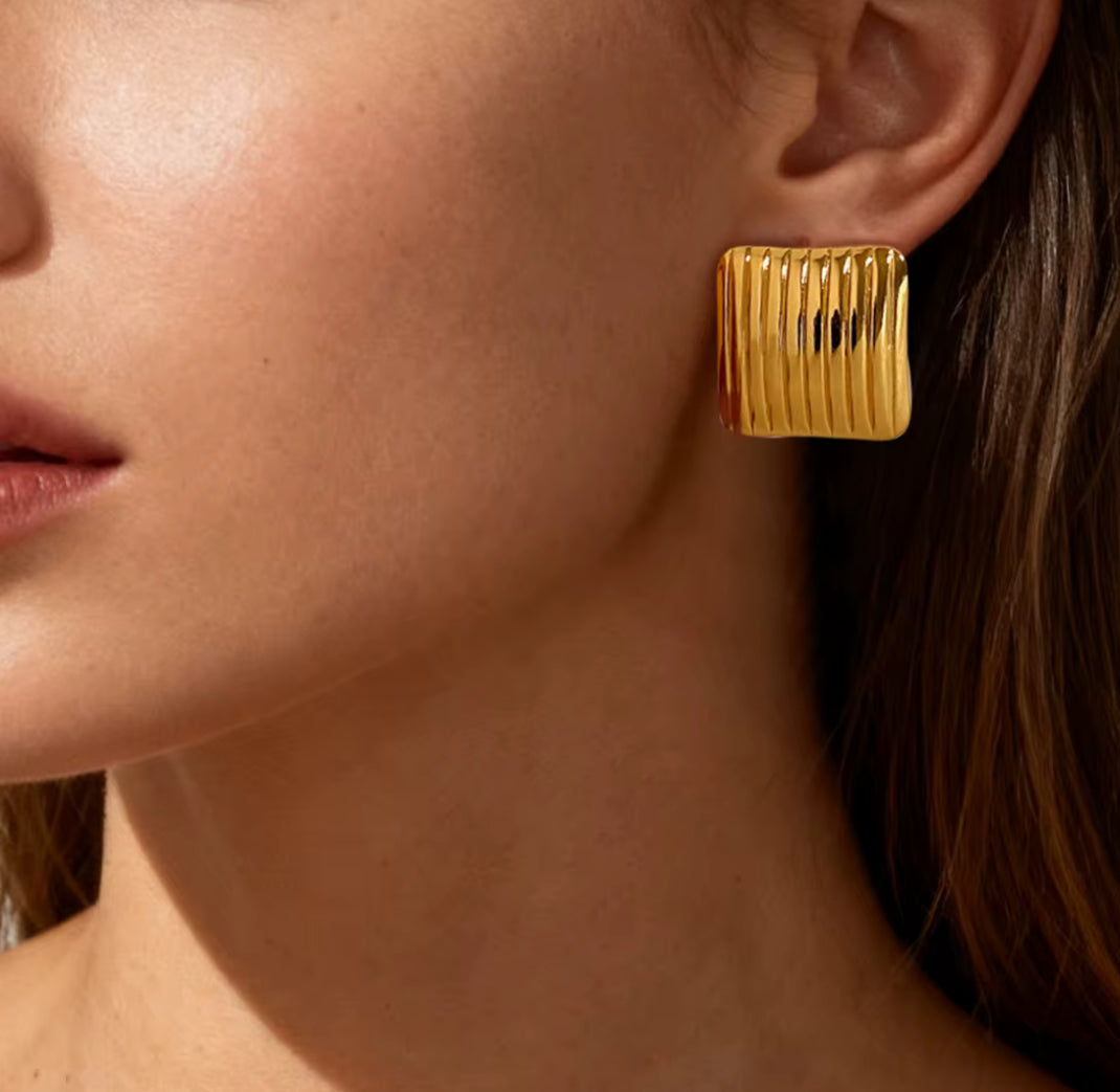 Gold Plated Ribbed Square Stud Earrings for Women | Stainless Steel Statement Earrings | Waterproof & Hypoallergenic