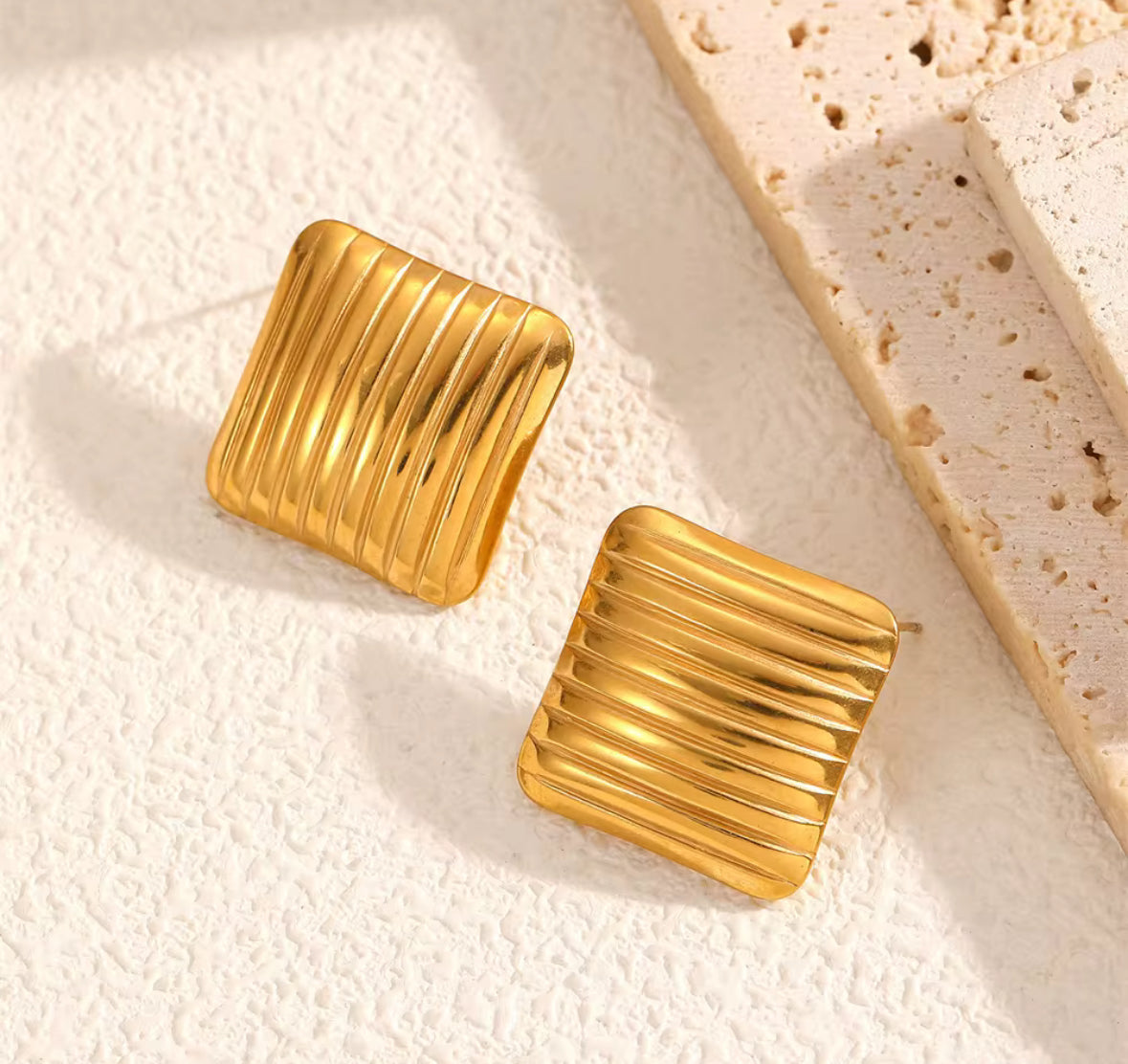 Gold Plated Ribbed Square Stud Earrings for Women | Stainless Steel Statement Earrings | Waterproof & Hypoallergenic