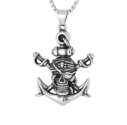 Pirate Skull Anchor Stainless Steel Pendant Necklace – 24” Chain for Men