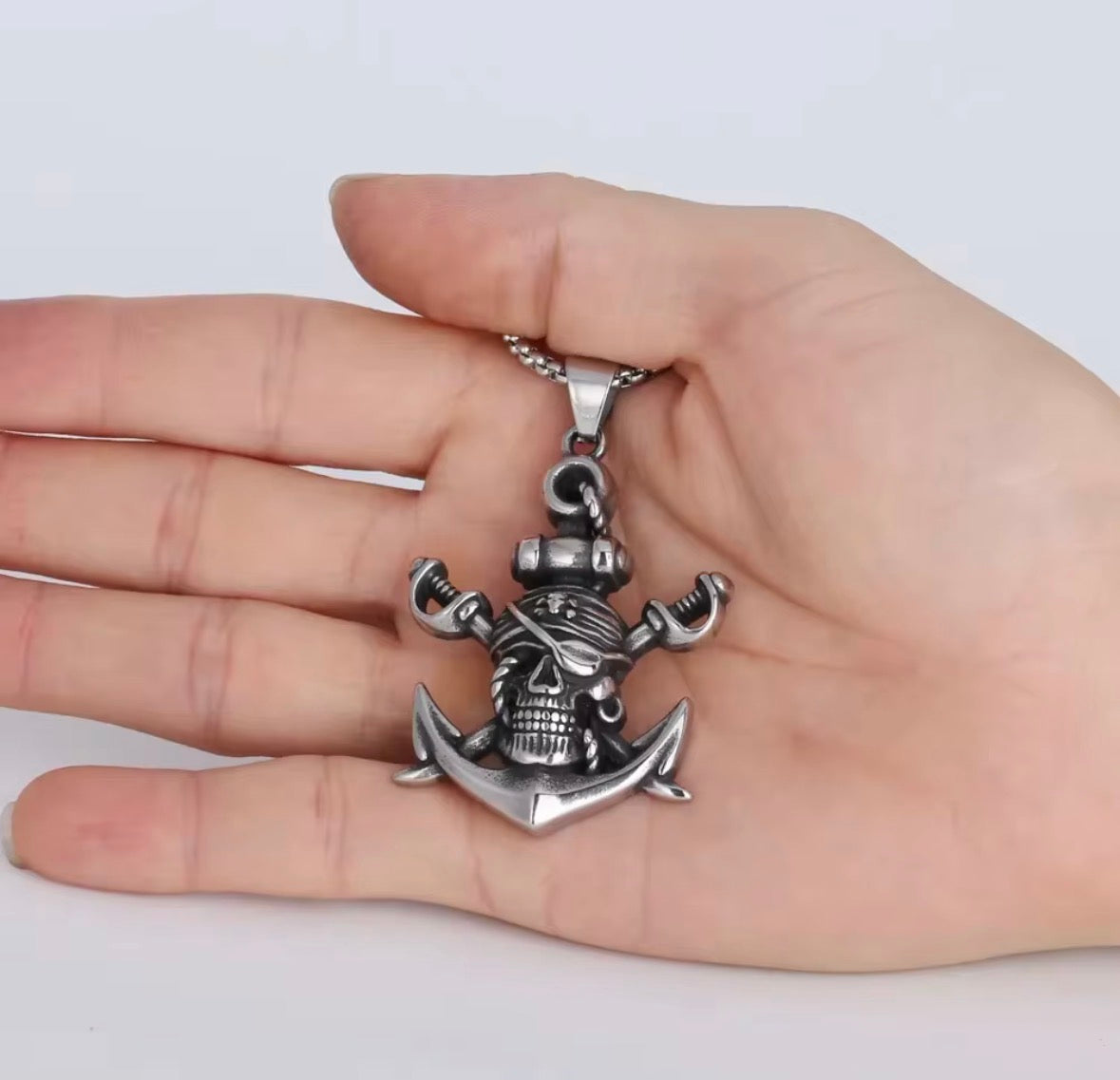 Pirate Skull Anchor Stainless Steel Pendant Necklace – 24” Chain for Men
