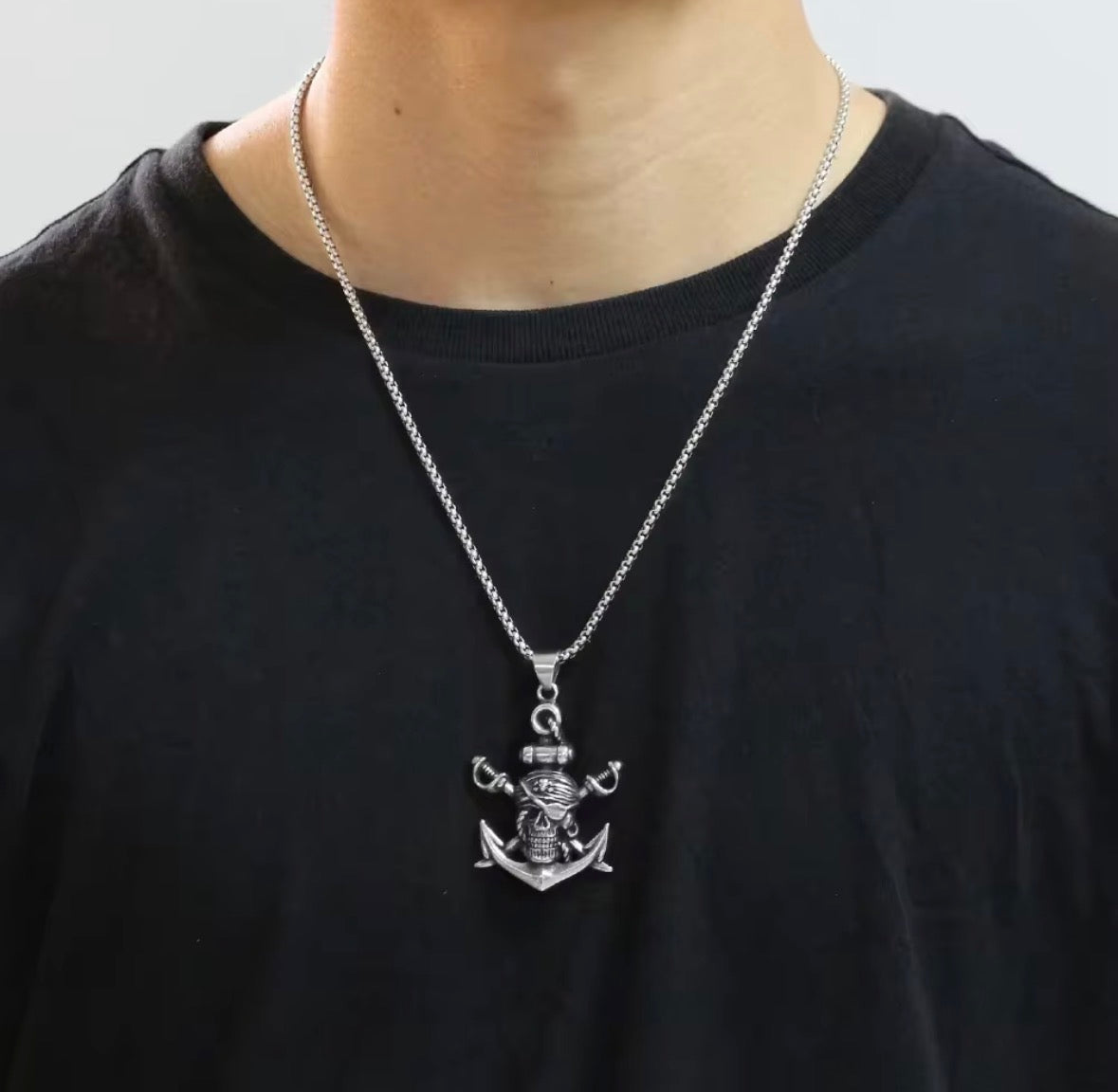 Pirate Skull Anchor Stainless Steel Pendant Necklace – 24” Chain for Men