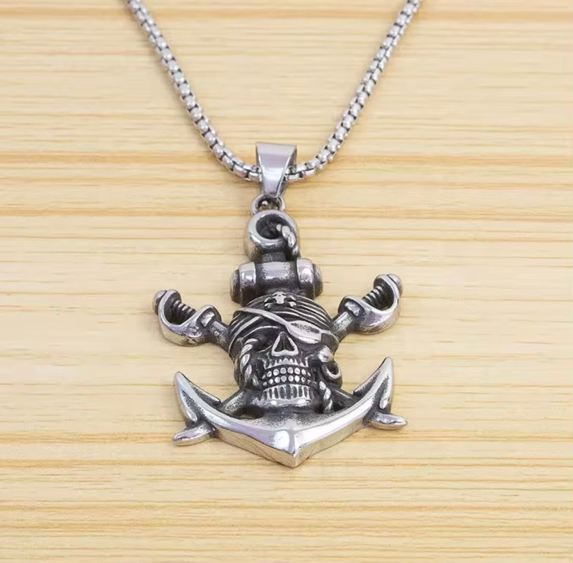 Pirate Skull Anchor Stainless Steel Pendant Necklace – 24” Chain for Men