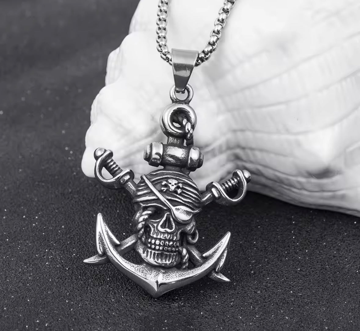 Pirate Skull Anchor Stainless Steel Pendant Necklace – 24” Chain for Men