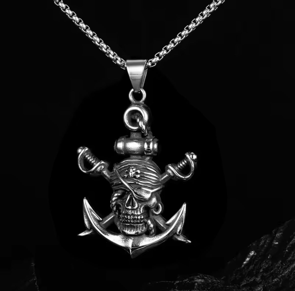 Pirate Skull Anchor Stainless Steel Pendant Necklace – 24” Chain for Men