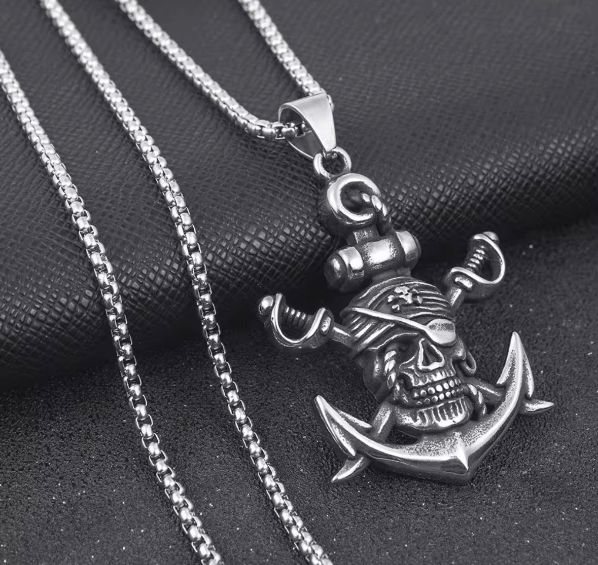 Pirate Skull Anchor Stainless Steel Pendant Necklace – 24” Chain for Men