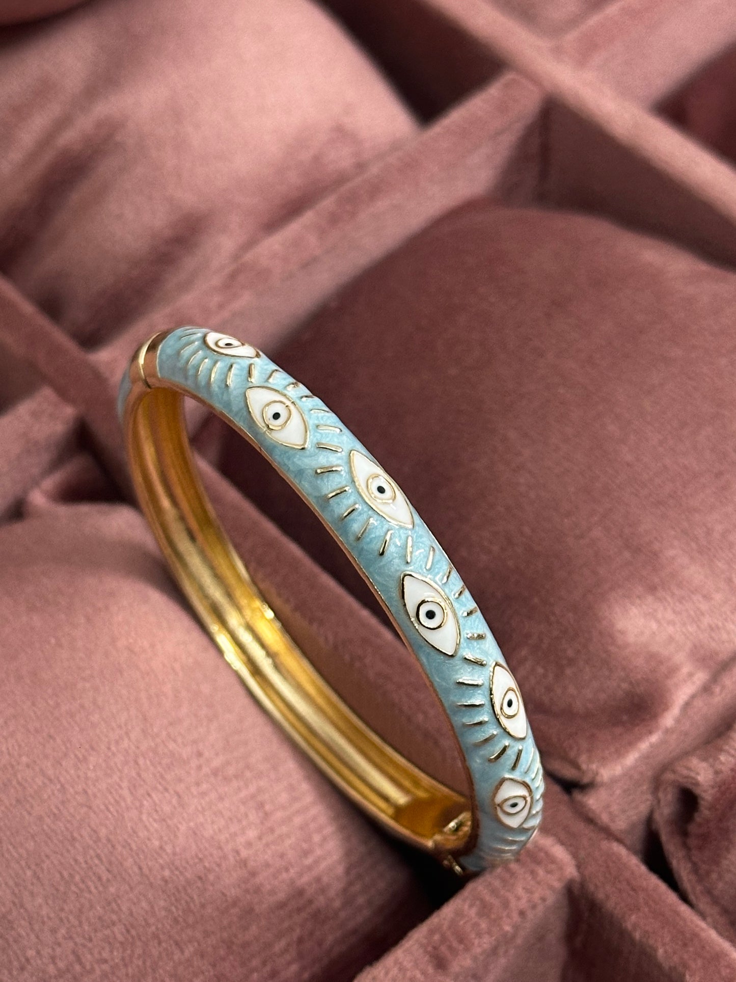 Evil Eye Enamel Bangle Bracelet – Front Openable Gold Finish | Adjustable Size (2-4 to 2-8)