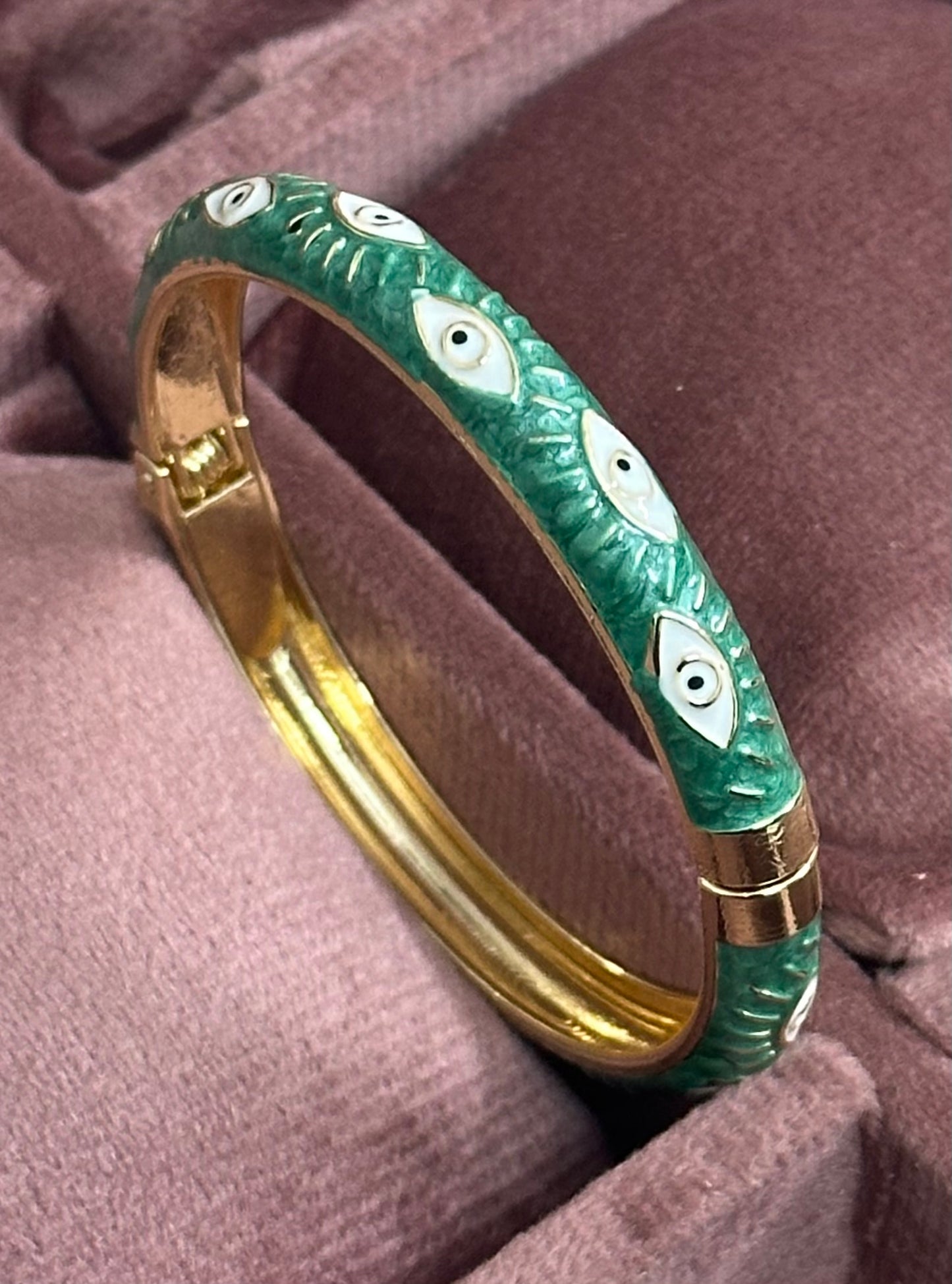 Evil Eye Enamel Bangle Bracelet – Front Openable Gold Finish | Adjustable Size (2-4 to 2-8)