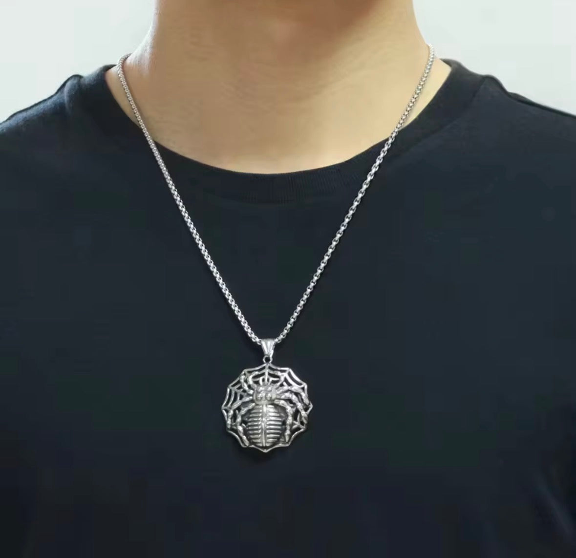 Spider Web Pendant Necklace for Men – Stainless Steel Gothic Spider Chain