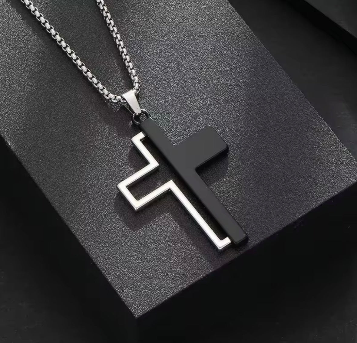 Men’s Double Cross Pendant Necklace – Black & Silver Stainless Steel Chain (24 Inch)