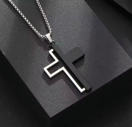 Men’s Double Cross Pendant Necklace – Black & Silver Stainless Steel Chain (24 Inch)