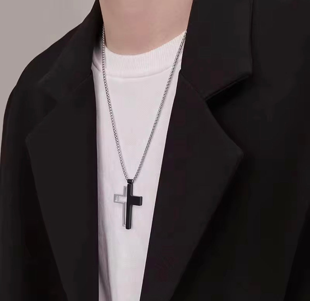 Men’s Double Cross Pendant Necklace – Black & Silver Stainless Steel Chain (24 Inch)