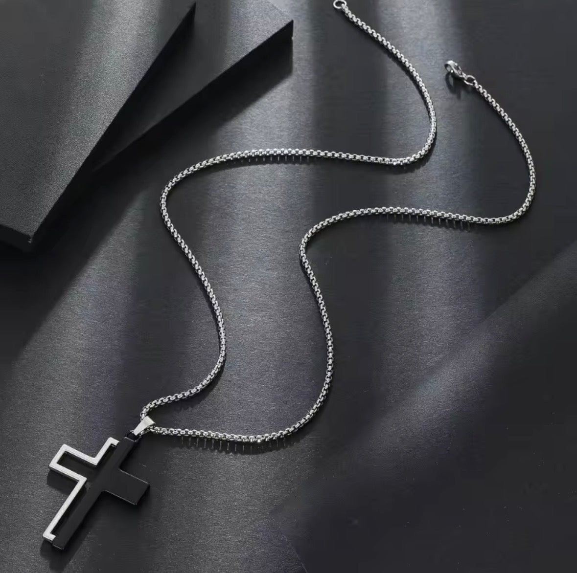 Men’s Double Cross Pendant Necklace – Black & Silver Stainless Steel Chain (24 Inch)