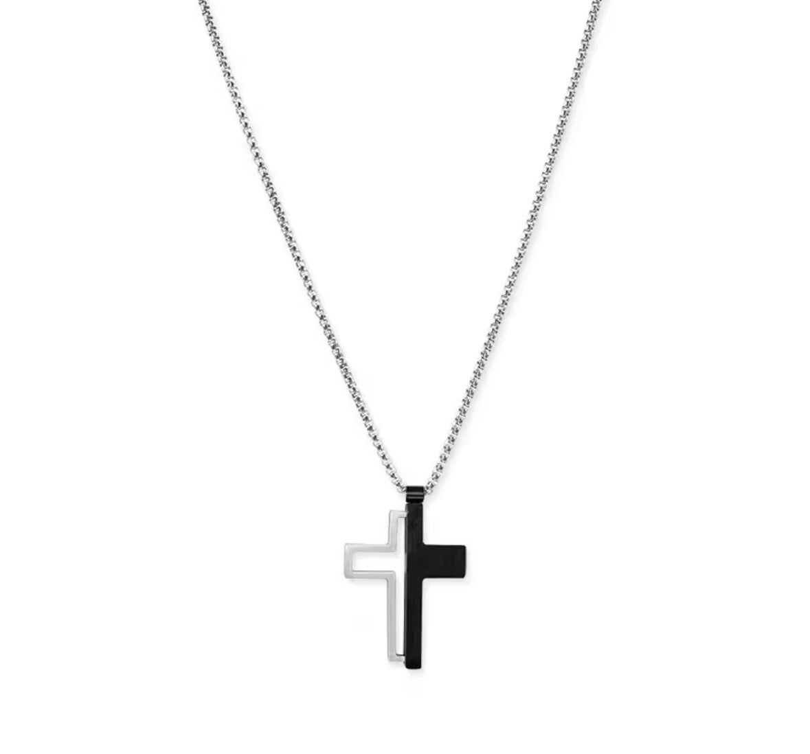 Men’s Double Cross Pendant Necklace – Black & Silver Stainless Steel Chain (24 Inch)