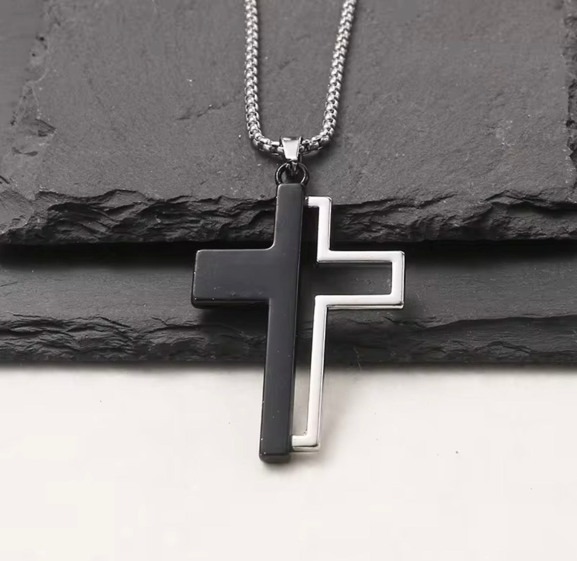 Men’s Double Cross Pendant Necklace – Black & Silver Stainless Steel Chain (24 Inch)