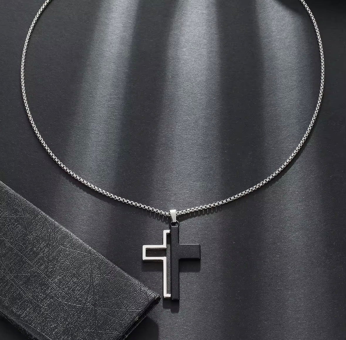 Men’s Double Cross Pendant Necklace – Black & Silver Stainless Steel Chain (24 Inch)