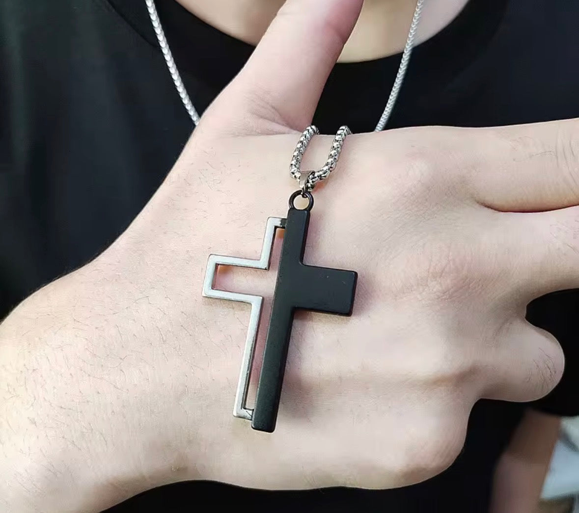Men’s Double Cross Pendant Necklace – Black & Silver Stainless Steel Chain (24 Inch)