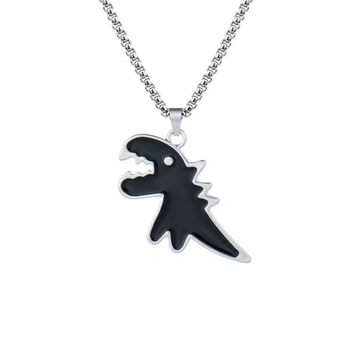 Dinosaur Pendant Necklace for Men & Boys – Stainless Steel Black T-Rex Chain (24 Inch)