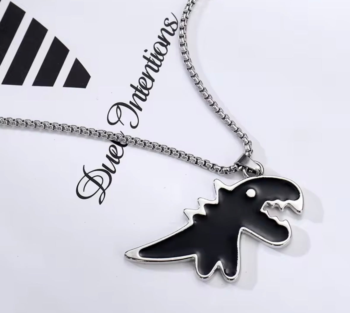Dinosaur Pendant Necklace for Men & Boys – Stainless Steel Black T-Rex Chain (24 Inch)