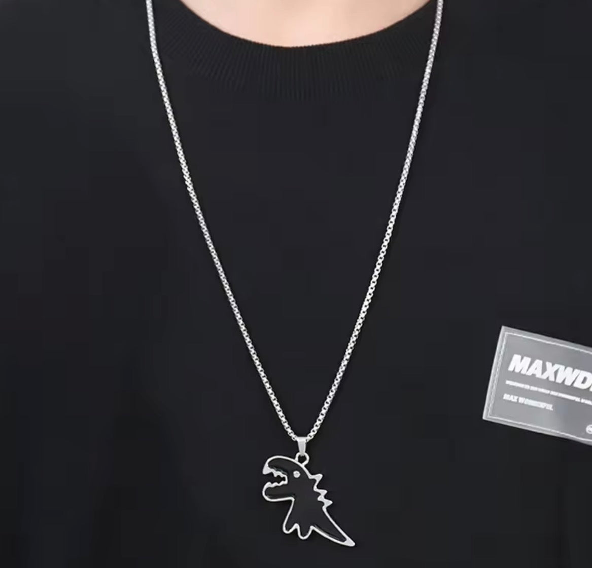 Dinosaur Pendant Necklace for Men & Boys – Stainless Steel Black T-Rex Chain (24 Inch)