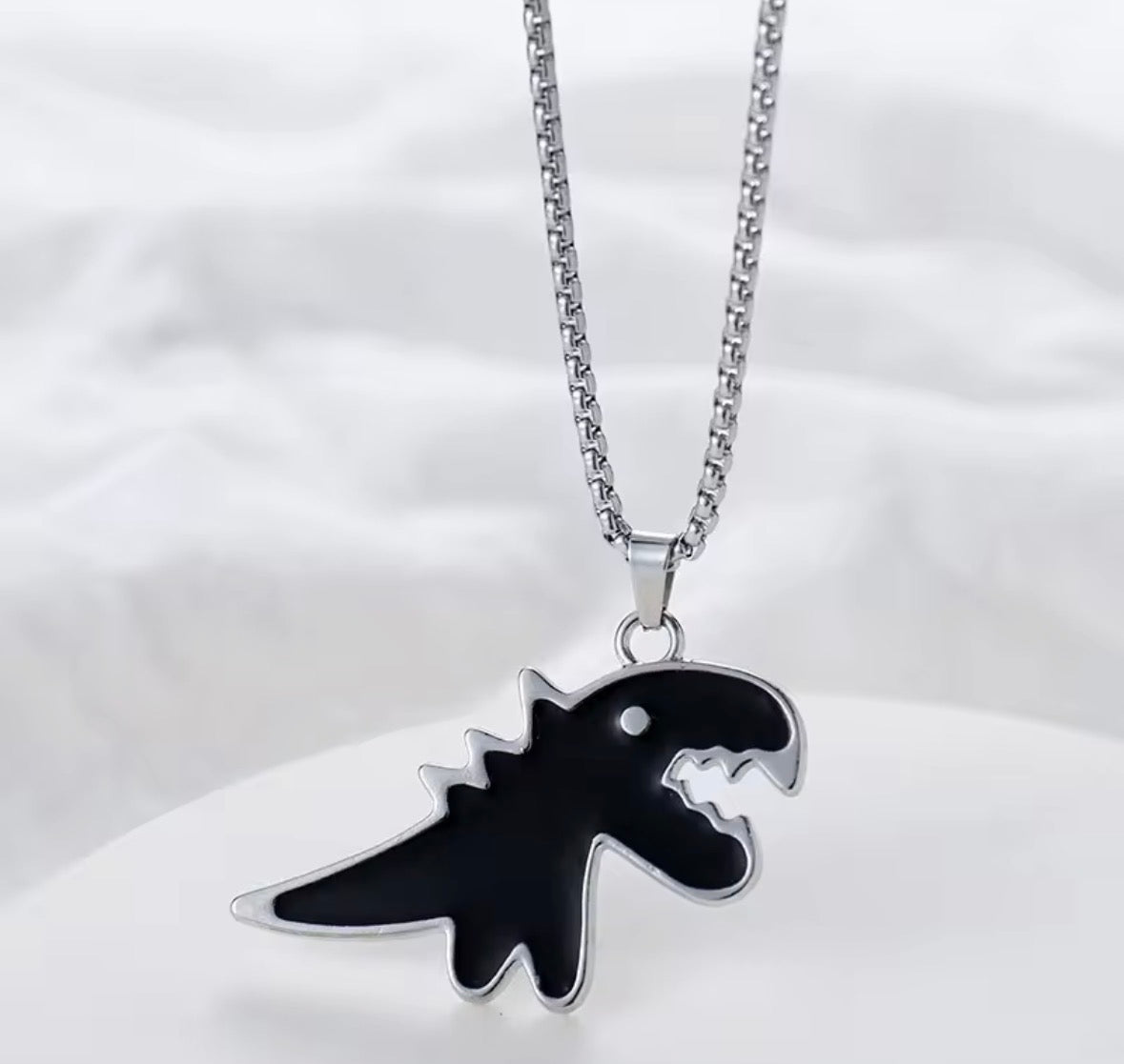 Dinosaur Pendant Necklace for Men & Boys – Stainless Steel Black T-Rex Chain (24 Inch)