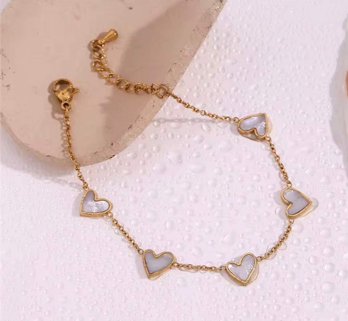 Dainty Golden Heart Charm Bracelet – White Enamel Adjustable Bracelet for Women