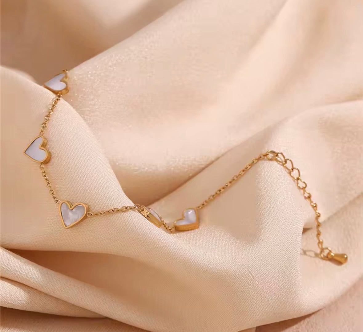 Dainty Golden Heart Charm Bracelet – White Enamel Adjustable Bracelet for Women
