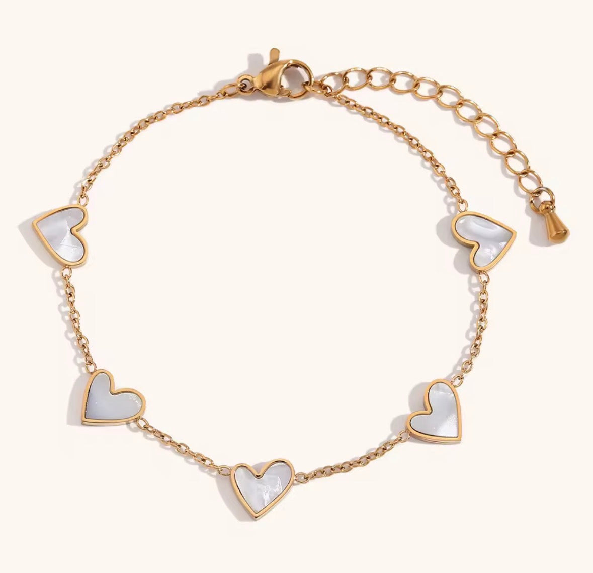 Dainty Golden Heart Charm Bracelet – White Enamel Adjustable Bracelet for Women