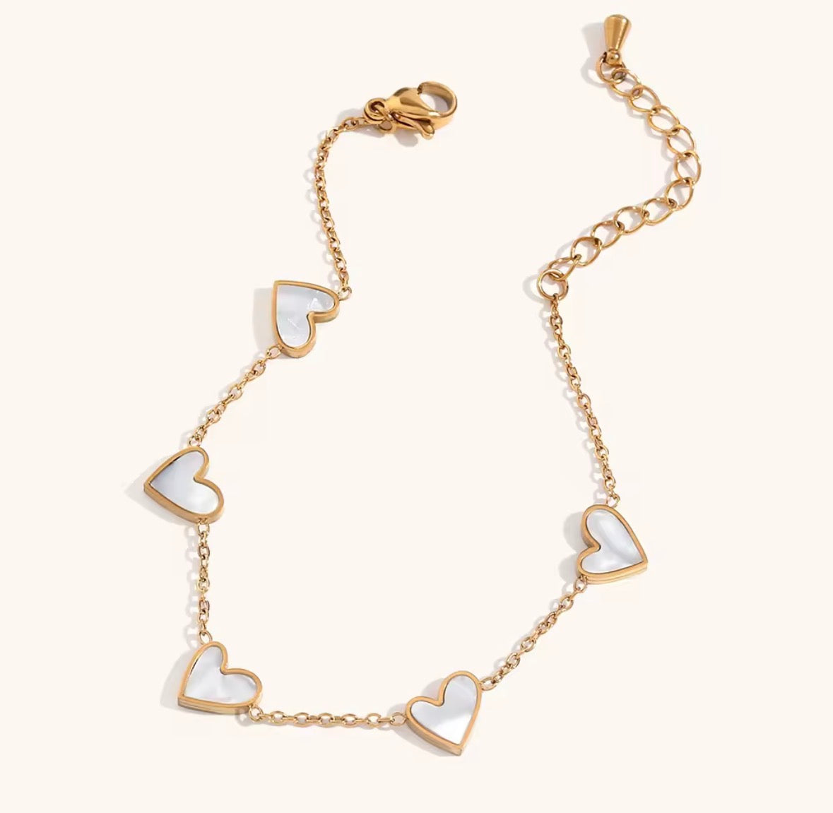 Dainty Golden Heart Charm Bracelet – White Enamel Adjustable Bracelet for Women