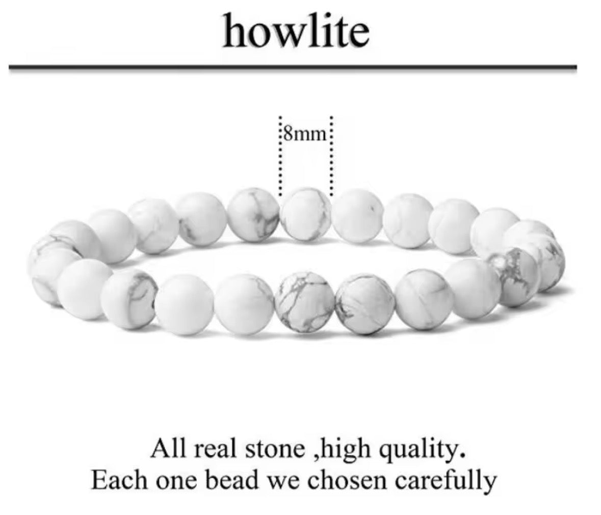 Natural Howlite Bracelet for Calmness & Stress Relief – White Healing Crystal Beaded Bracelet for Men & Women