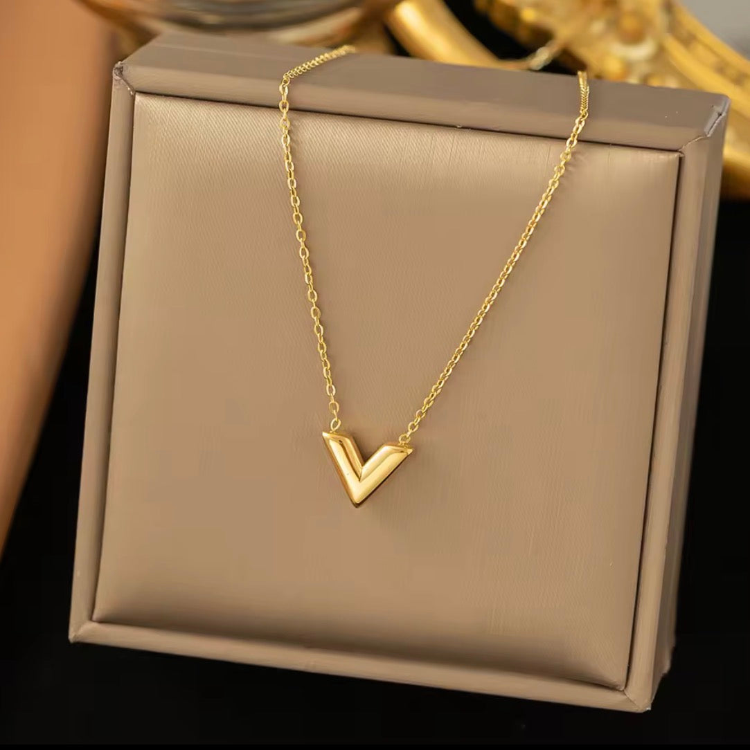 Gold Plated V-Shape Geometric Necklace for Women – Minimalist Stainless Steel Pendant
