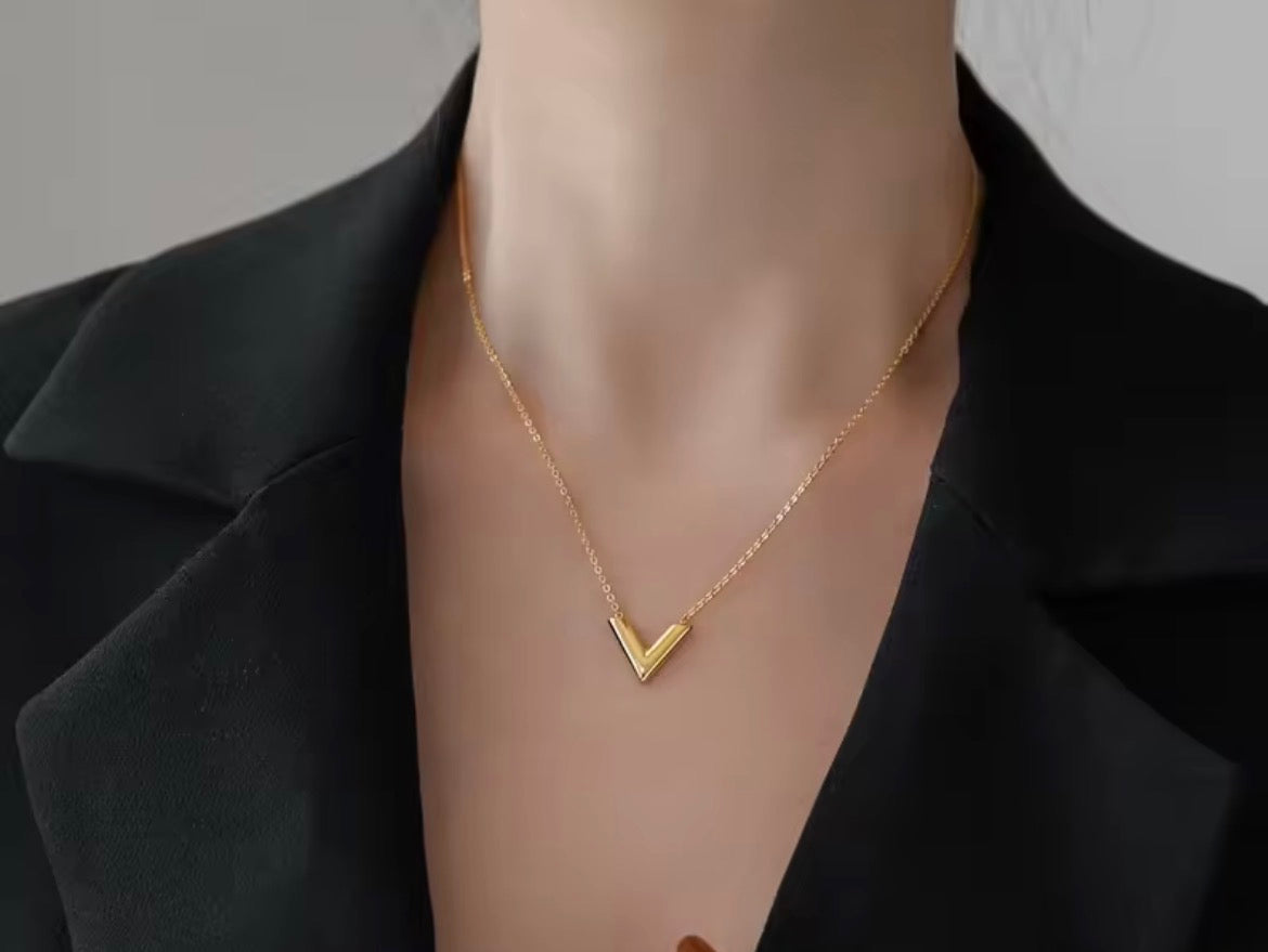 Gold Plated V-Shape Geometric Necklace for Women – Minimalist Stainless Steel Pendant
