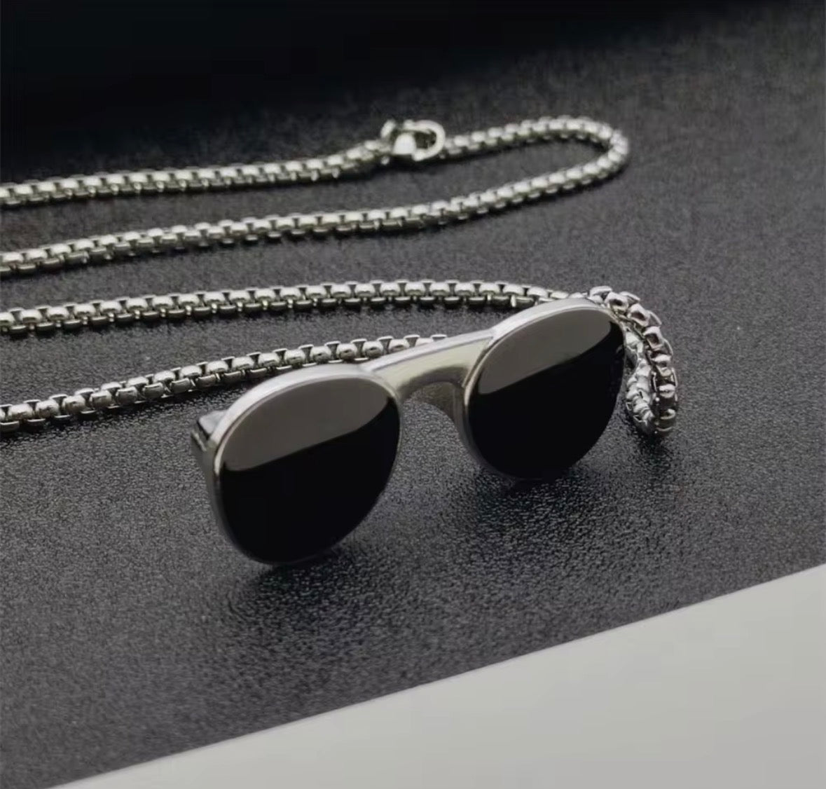 Sunglasses Pendant Necklace – Stainless Steel Black Goggles Charm Chain | Trendy Unisex Street Style Jewellery