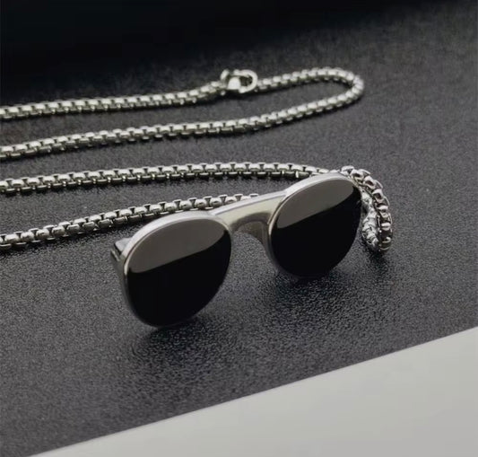 Sunglasses Pendant Necklace – Stainless Steel Black Goggles Charm Chain | Trendy Unisex Street Style Jewellery