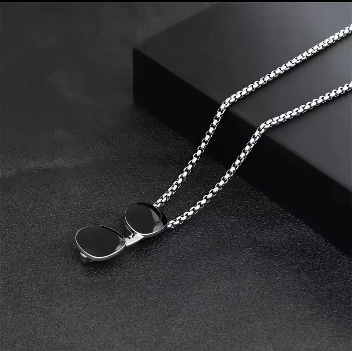 Sunglasses Pendant Necklace – Stainless Steel Black Goggles Charm Chain | Trendy Unisex Street Style Jewellery