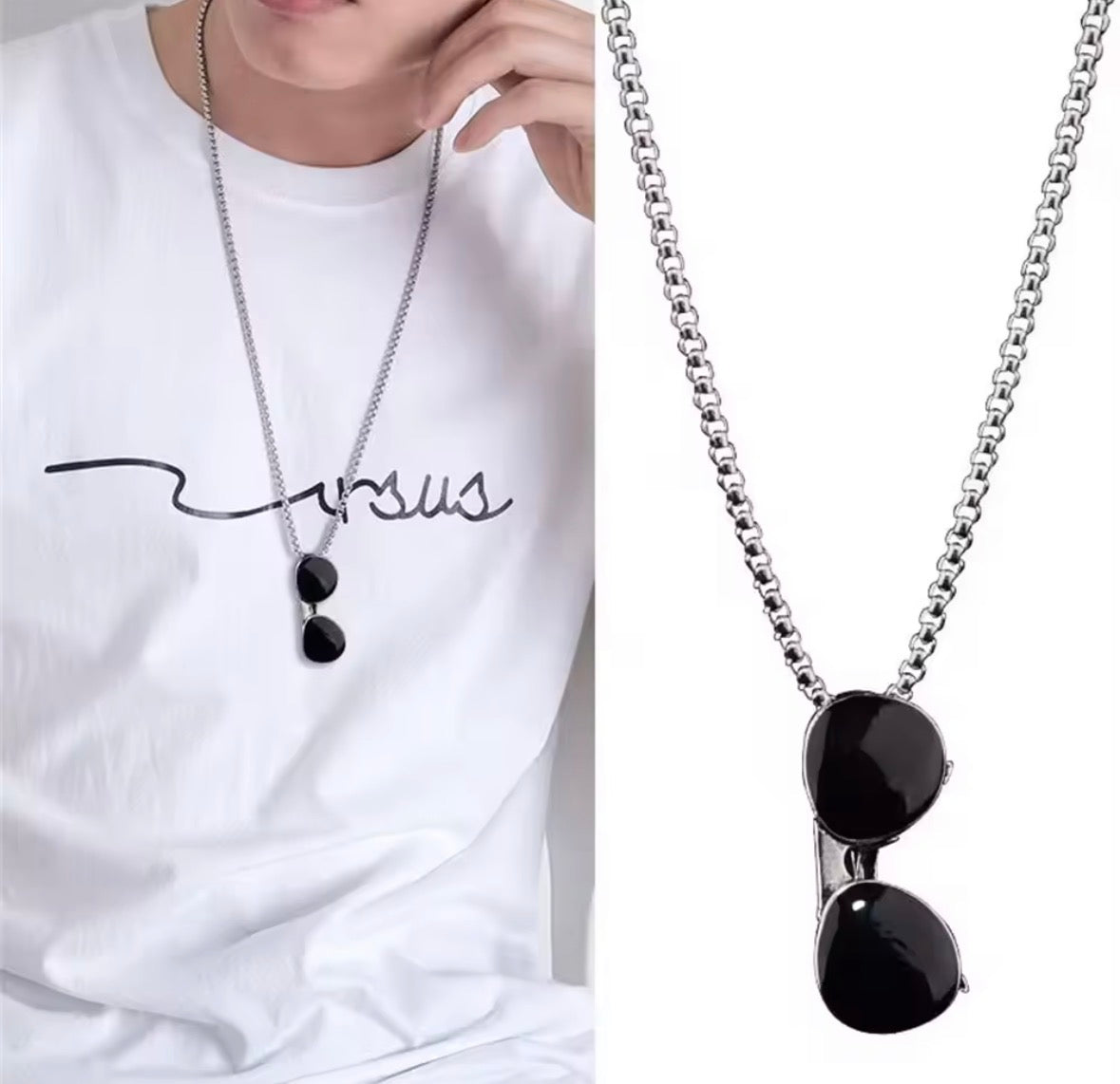 Sunglasses Pendant Necklace – Stainless Steel Black Goggles Charm Chain | Trendy Unisex Street Style Jewellery