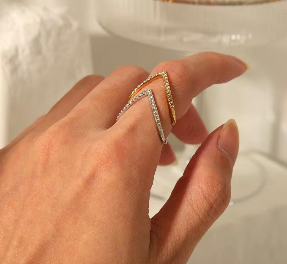 V-Shape Gold Plated Diamond Studded Ring for Women | Elegant Chevron Minimal Finger Ring | Party Wear Jewellery