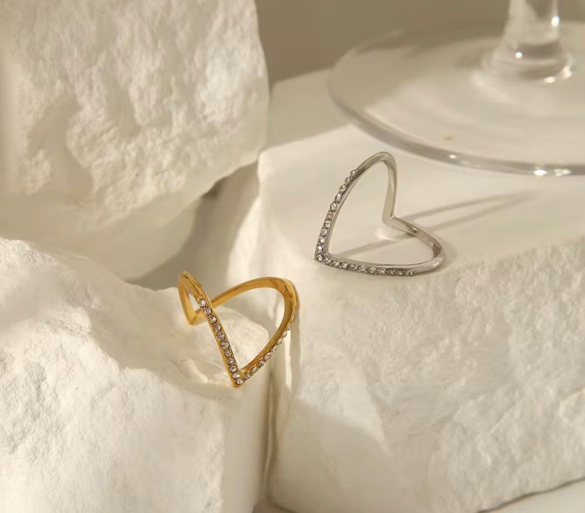 V-Shape Gold Plated Diamond Studded Ring for Women | Elegant Chevron Minimal Finger Ring | Party Wear Jewellery