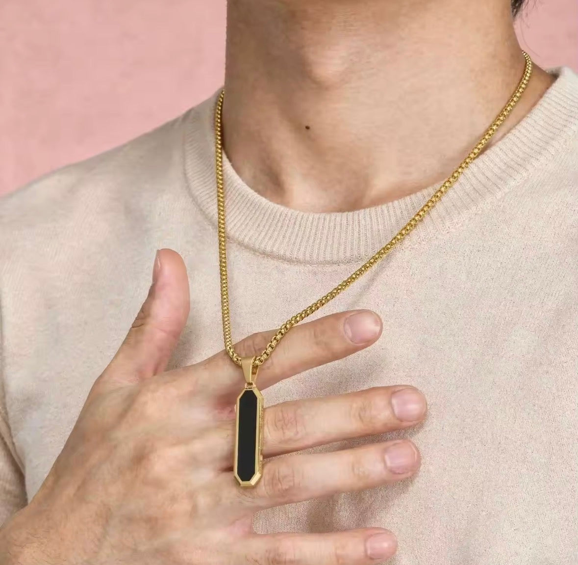 Minimal Black Pendant Necklace for Men | Gold Stainless Steel Chain | Premium Geometric Design | Unisex Jewelry