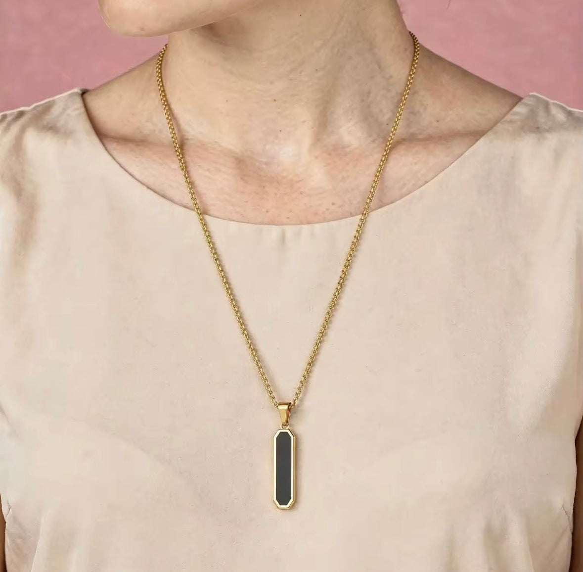 Minimal Black Pendant Necklace for Men | Gold Stainless Steel Chain | Premium Geometric Design | Unisex Jewelry