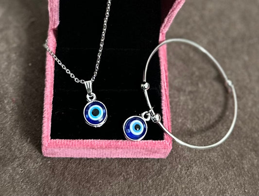 Combo of Silver Colored Blue Evil Eye Adjustable Hand Bracelet and Pendent Chain.