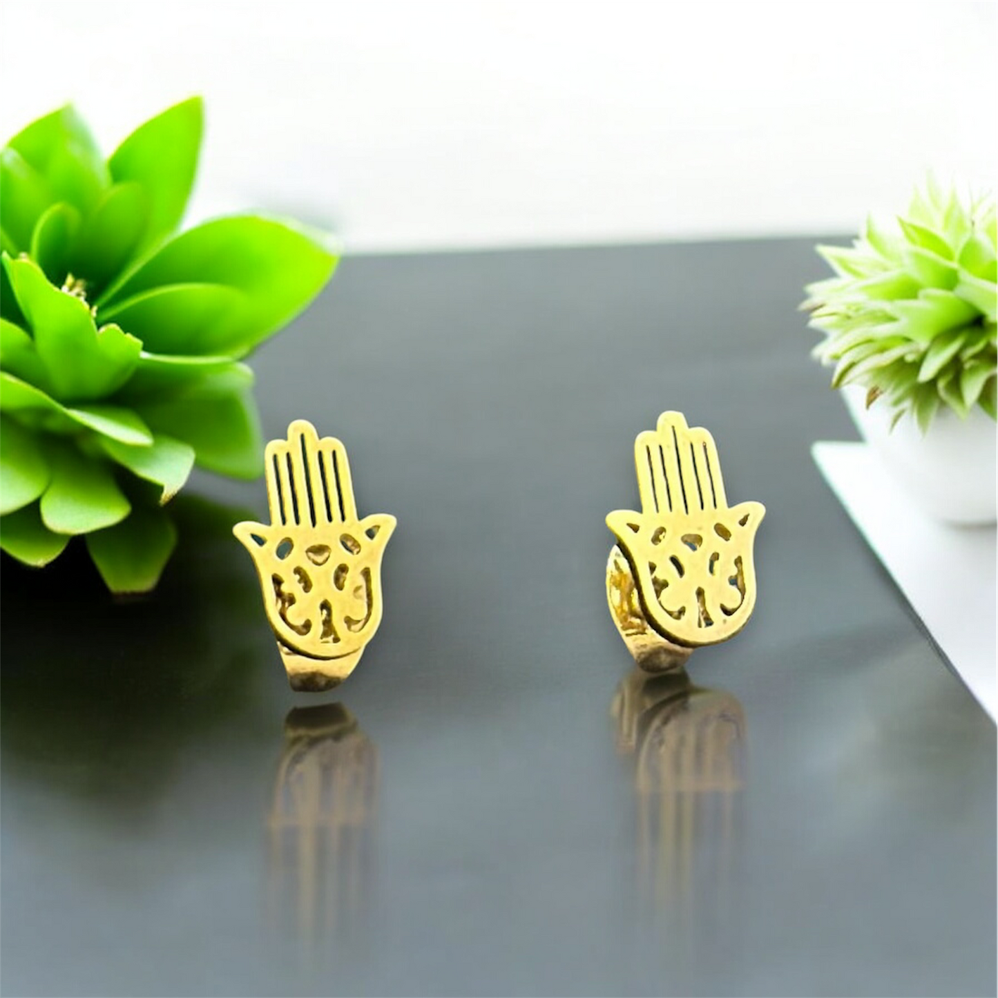 Minimal Size Elegant Gold Patterned Hamsa Hand Evil Eye Push Plugs Stainless Steel Earrings for Women