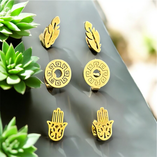 Combo of 3 Pairs Minimal Size Elegant Gold Patterned Push Plugs Stainless Steel Earrings for Women