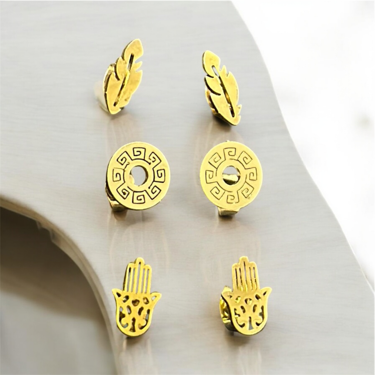 Combo of 3 Pairs Minimal Size Elegant Gold Patterned Push Plugs Stainless Steel Earrings for Women