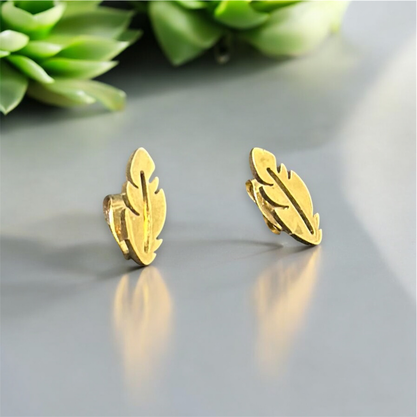 Minimal Size Elegant Gold Patterned Leaf Style Push Plugs Stainless Steel Earrings for Women