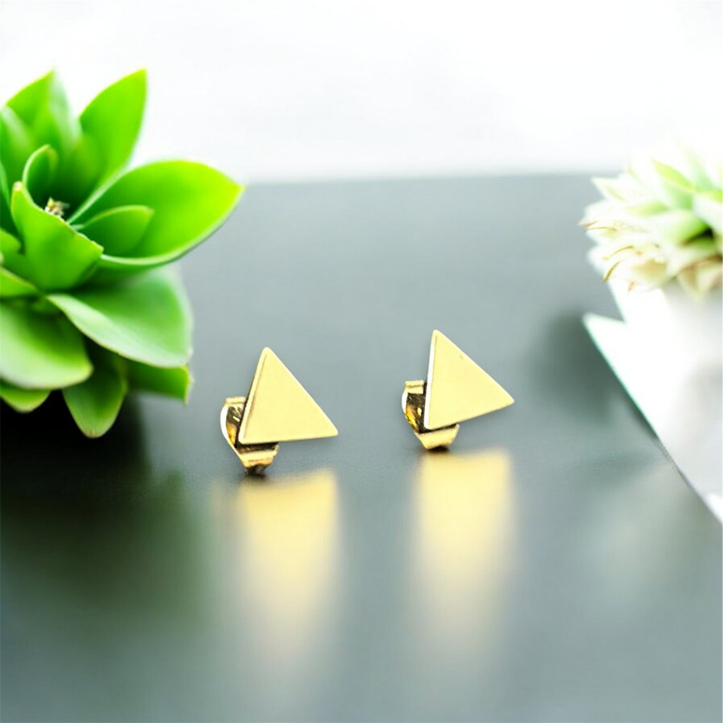 Triangle Shaped Minimal Size Elegant Gold Patterned Push Plugs Stainless Steel Earrings for Women