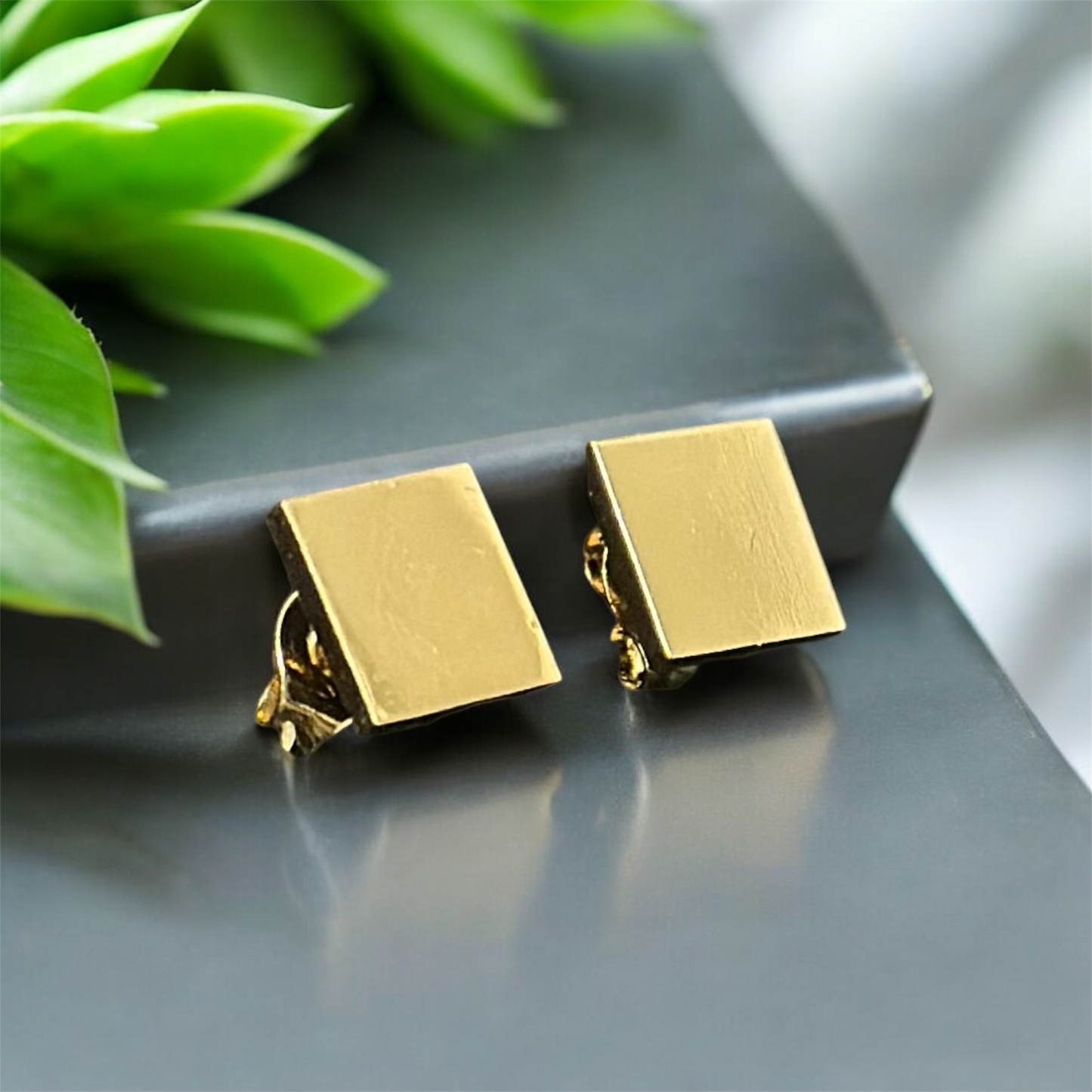 Square Shaped Minimal Size Elegant Gold Patterned Push Plugs Stainless Steel Earrings for Women