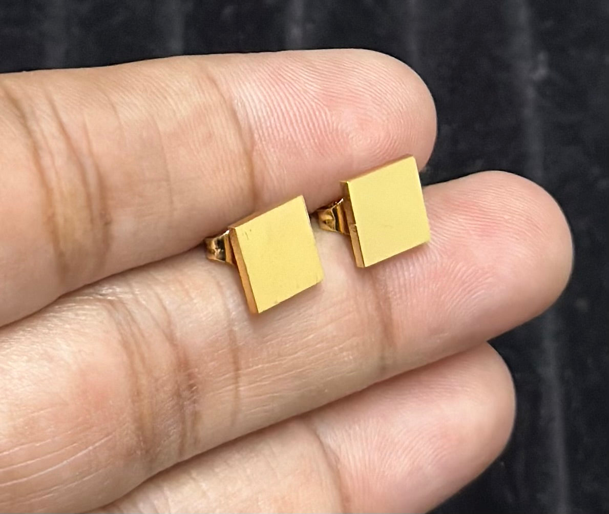 Square Shaped Minimal Size Elegant Gold Patterned Push Plugs Stainless Steel Earrings for Women