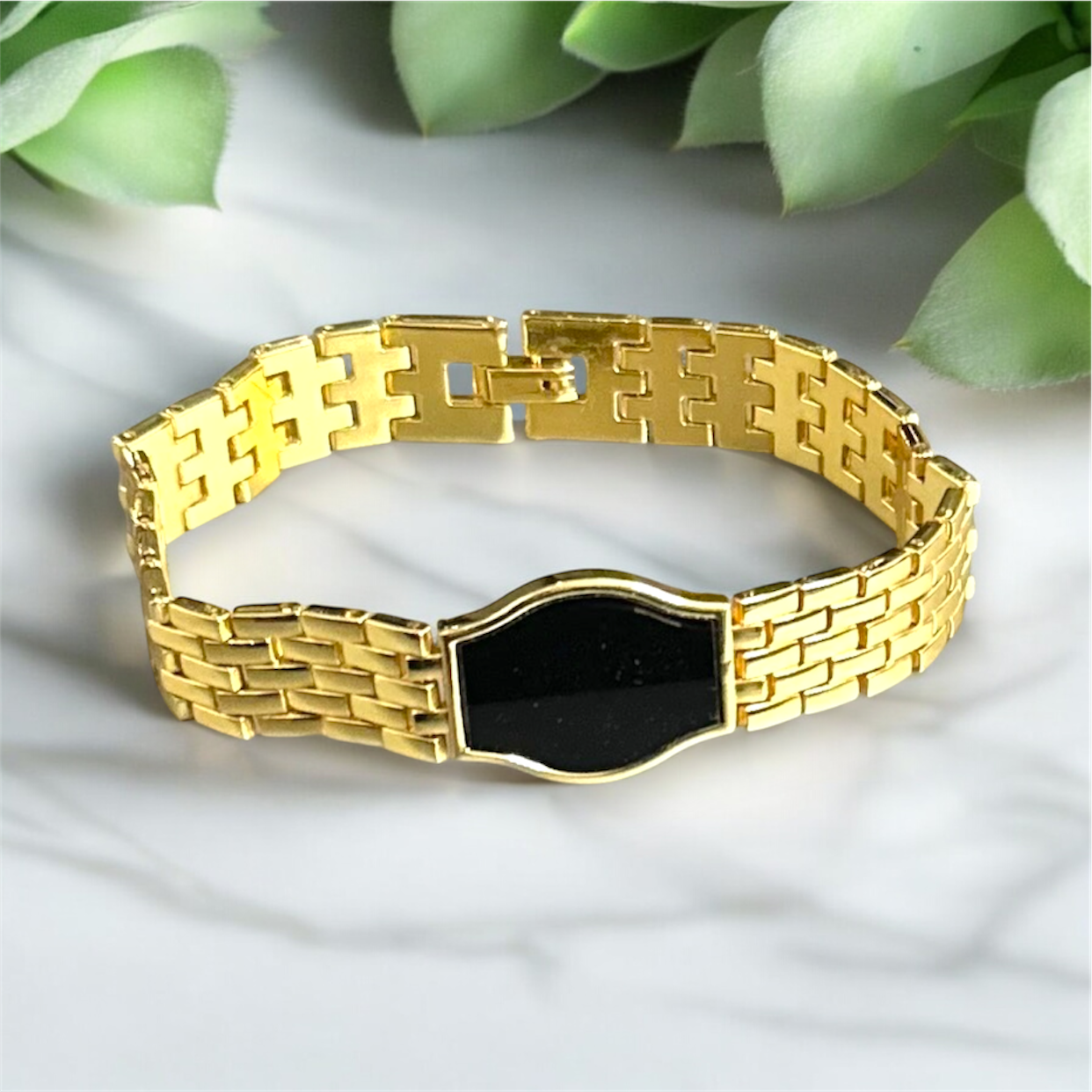 Premium Black Glass Bar Style Boys Chain Wristband Bracelet